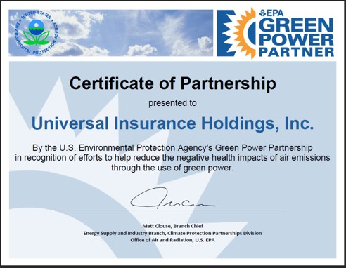 Universal EPA Green power Partner certificate